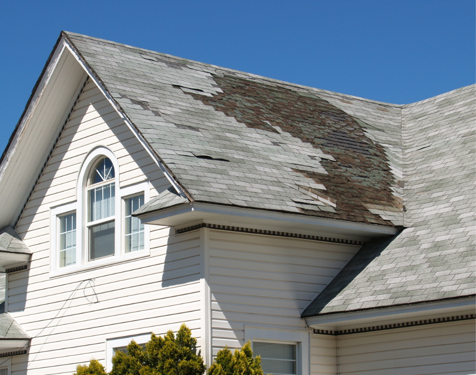Storm damage repair before by Crest Roofing and Gutters